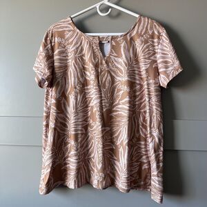 Hula Bay Shirt Womens XL Tan White Tropical Leaf Print Short Sleeve Monsterra